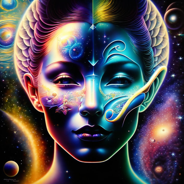 Symmetrical cosmic-themed painting of female face with celestial bodies and colorful nebulas.