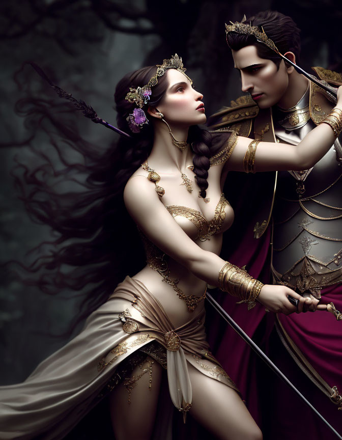 Regal couple in fantastical golden-trimmed attire embody mystical allure