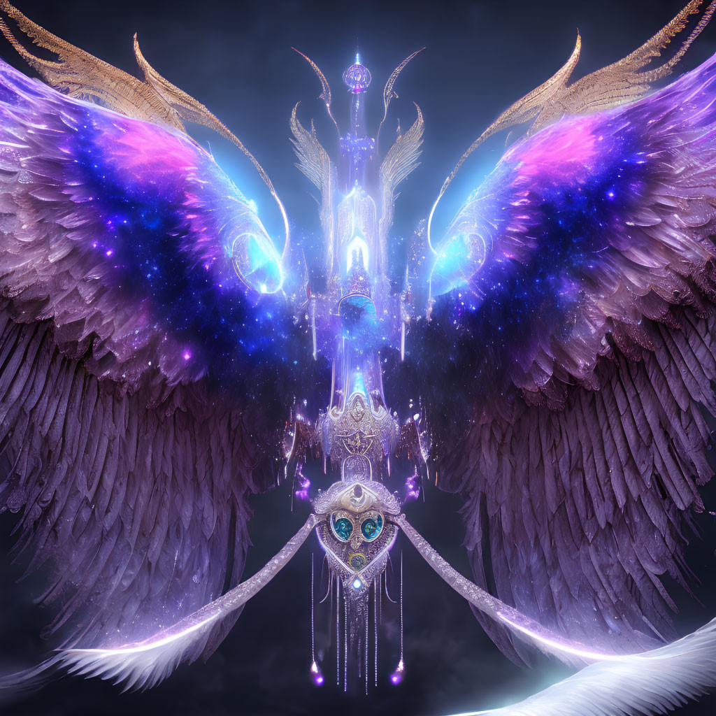 Digital Artwork: Ornate Celestial Structure with Cosmic Wings and Glowing Elements