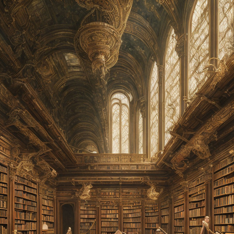 Luxurious Baroque Library with Wood Paneling, Books, Arched Windows