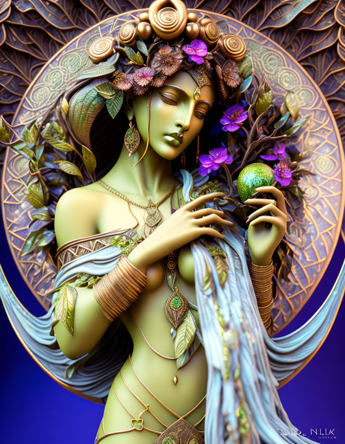 Colorful digital artwork: Feminine figure with ornate patterns, sphere, jewelry, and floral hair