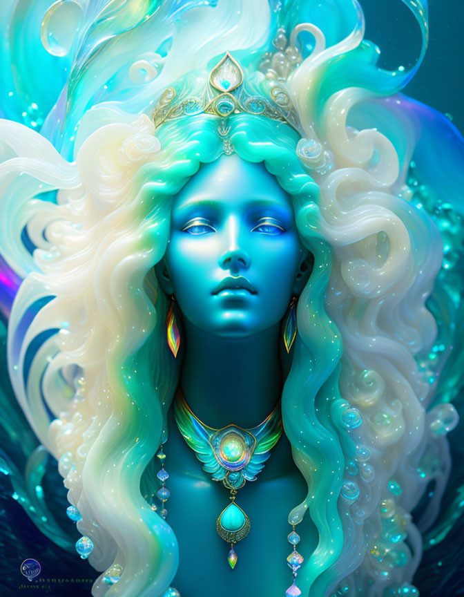 Digital artwork: Female figure with turquoise skin, gold and gemstone jewelry, flowing mane