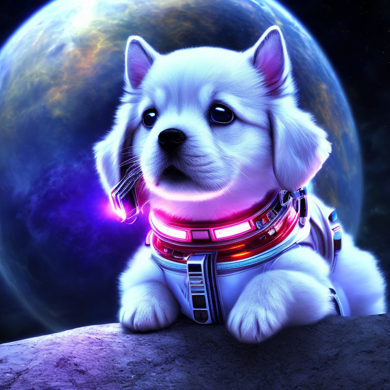 White Space-Dog with Futuristic Collar on Rock with Radiant Planet