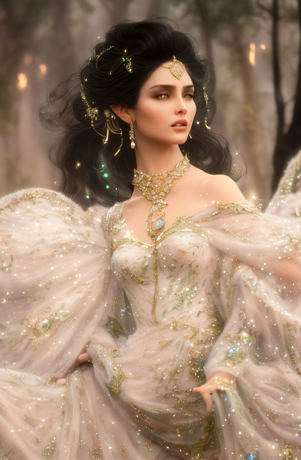 Ethereal woman with dark hair in gold accessories and embellished gown in misty forest.