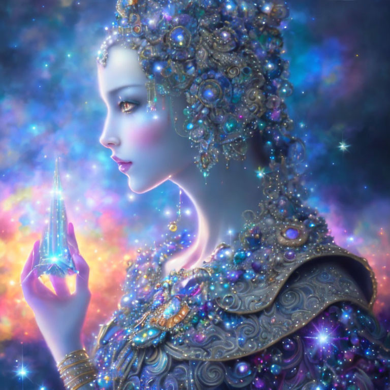 Digital artwork: Woman with jeweled headwear and glowing crystal on cosmic background