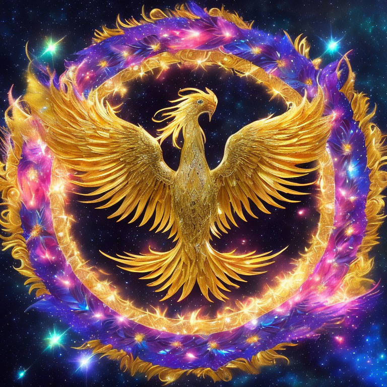 Golden Phoenix with Outstretched Wings in Fiery Ring on Cosmic Background