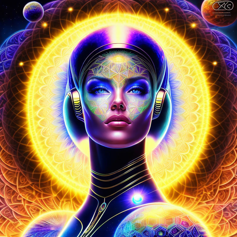 Vibrant digital artwork of futuristic female figure in cosmic setting