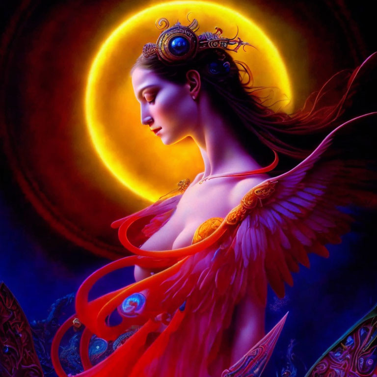 Illustration of winged woman with halo and jewelry under golden full moon