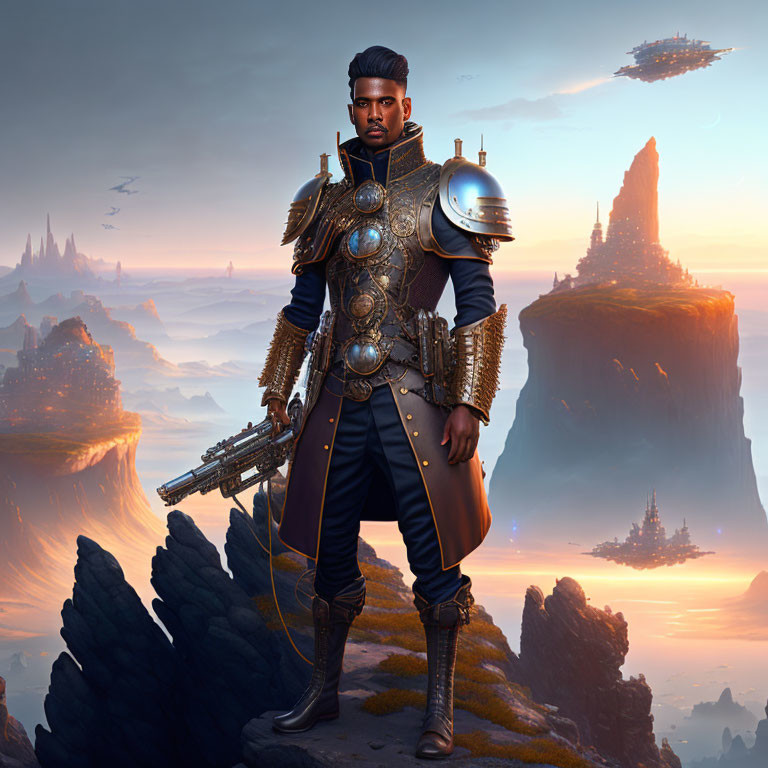 Regal figure in ornate armor on cliff at sunset with fantasy landscape