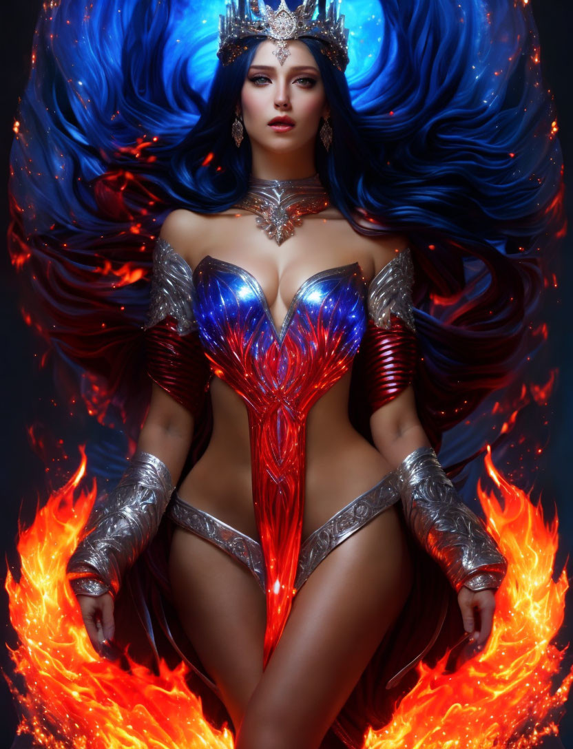 Majestic figure with blue flaming hair and silver-red armor in fiery setting