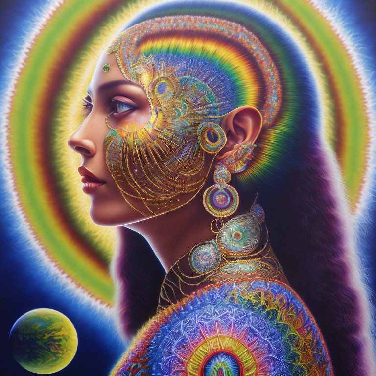 Colorful Surrealist Portrait Featuring Cosmic Motifs and Glowing Halo