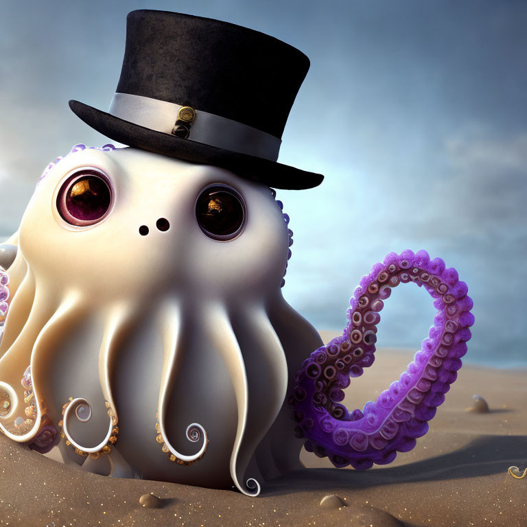 Anthropomorphized octopus with expressive eyes and top hat on sandy surface