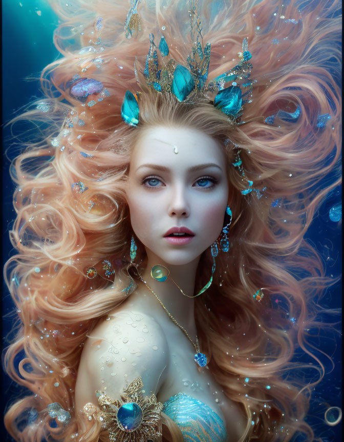 Voluminous wavy auburn hair with bejeweled crown on dreamy blue background