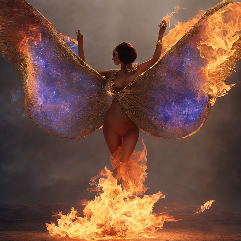 Person with fiery wings in dramatic stance amidst flames on smoky backdrop