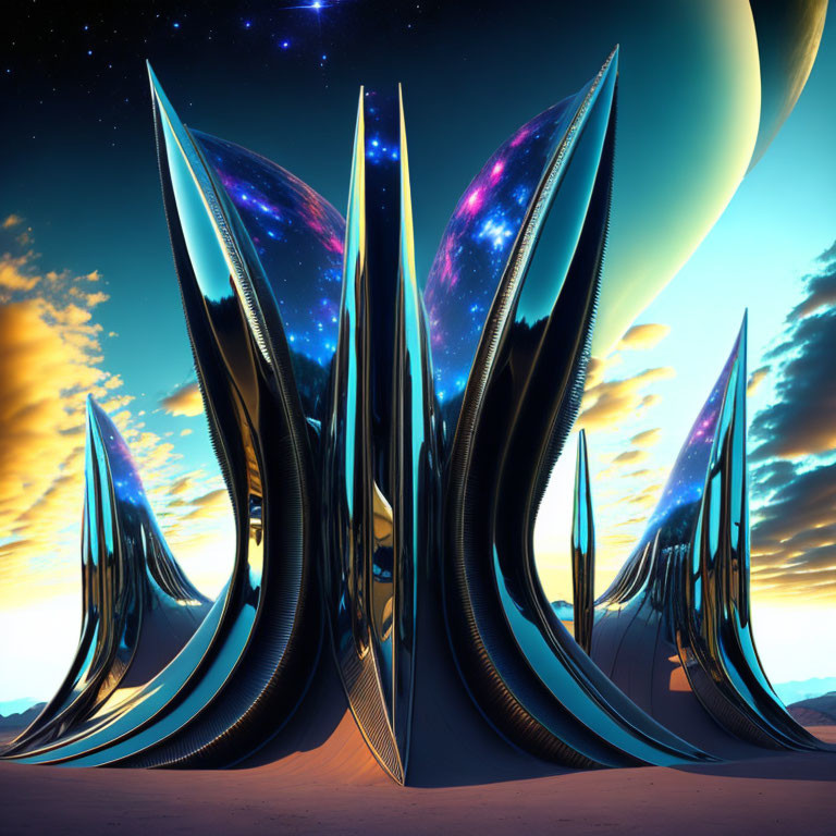 Alien structures with cosmic pattern under twilight sky on alien world