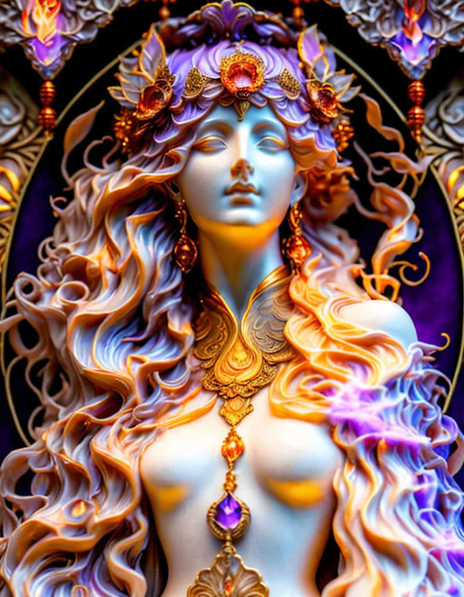 Elaborate Golden Figure with Long Hair on Purple Background