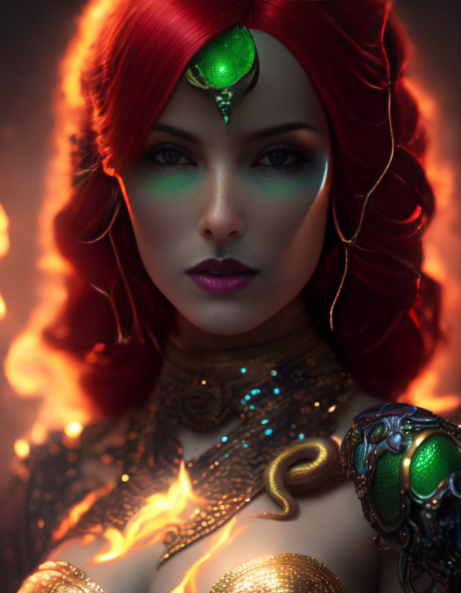 Fiery red-haired woman with green jeweled headpiece and intense gaze surrounded by flames and serp