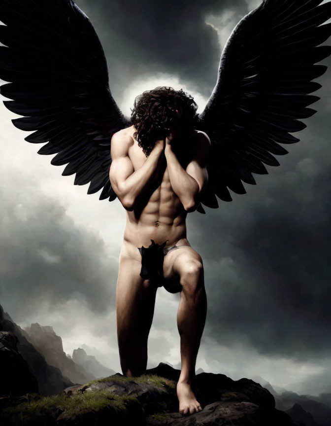 Muscular figure with dark wings in contemplative pose under stormy sky