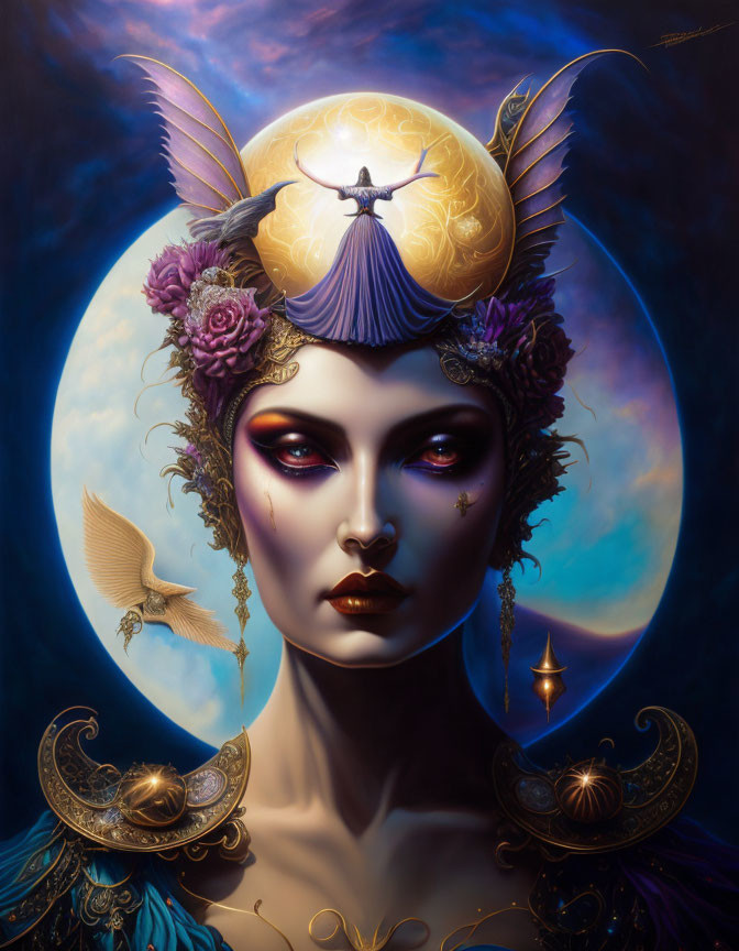 Fantasy portrait of woman with golden headdress, full moon, dramatic makeup, and bird in flight