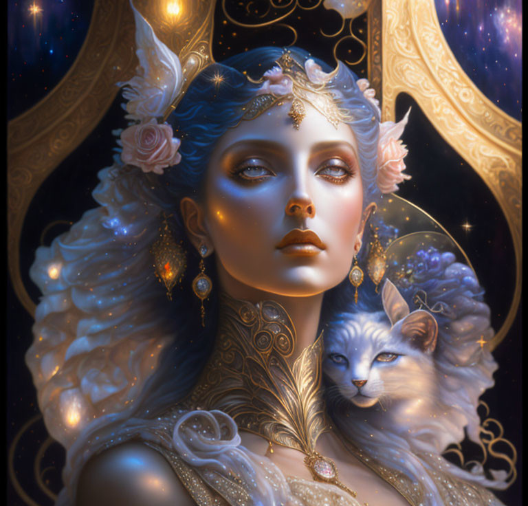 Blue-skinned woman with golden adornments, stars, roses, and white cat portrait.