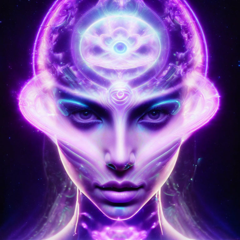 Colorful digital artwork: humanoid face with glowing eyes and cosmic patterns in luminous sphere