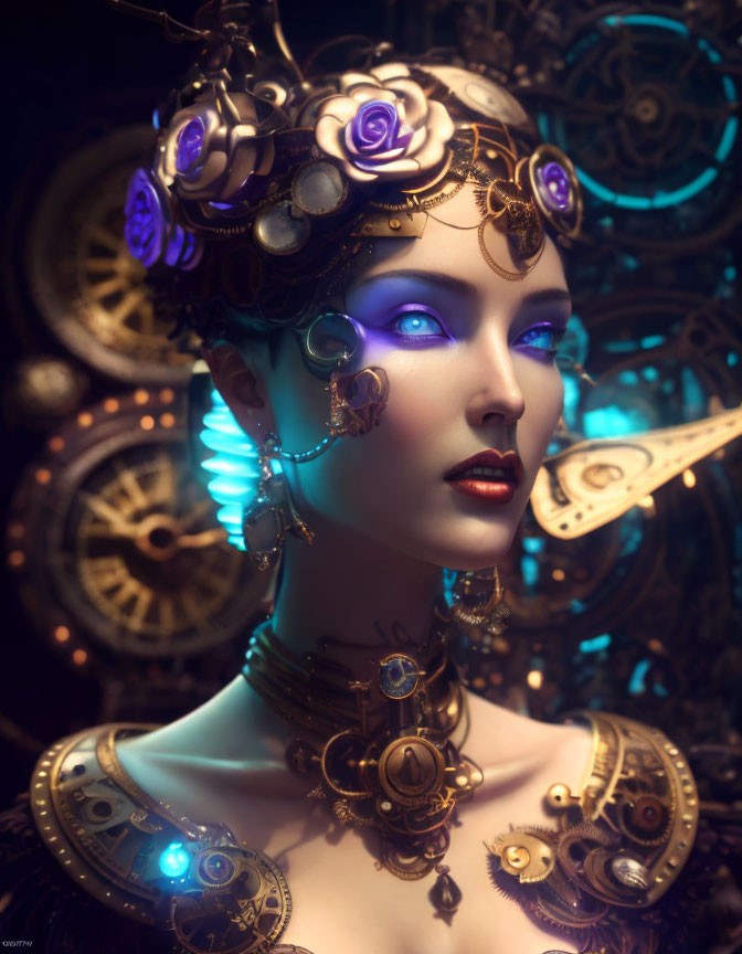 Steampunk-inspired woman portrait with gear motifs and glowing elements