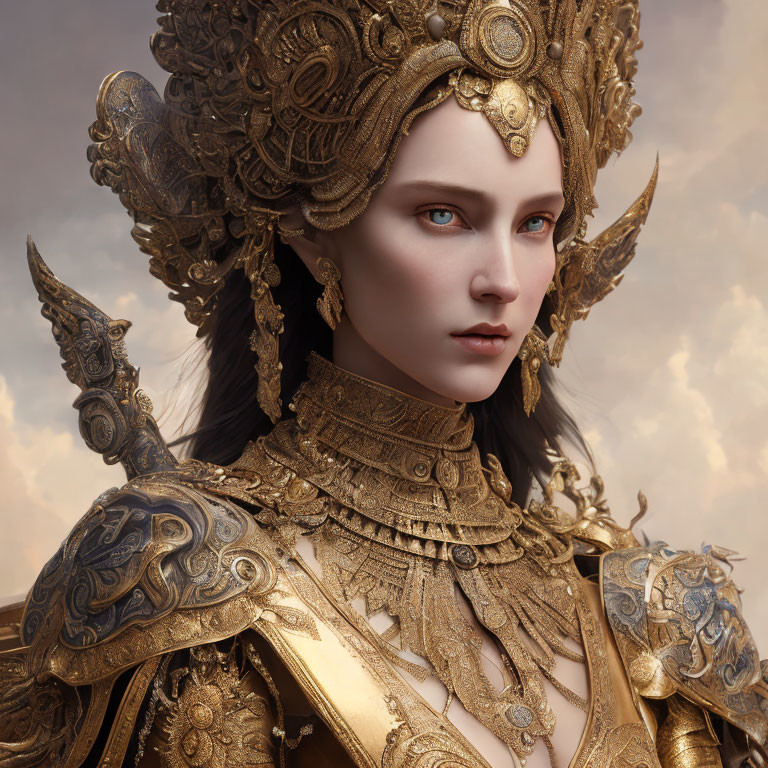 Detailed digital portrait of a woman in ornate golden armor with regal helmet and commanding expression