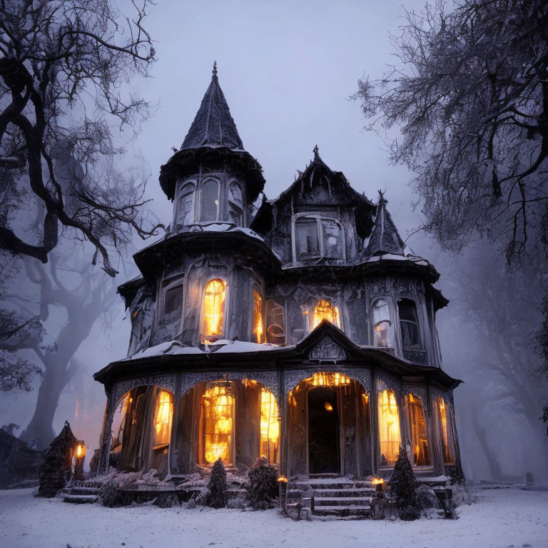 Victorian-style house in snowy landscape with glowing windows