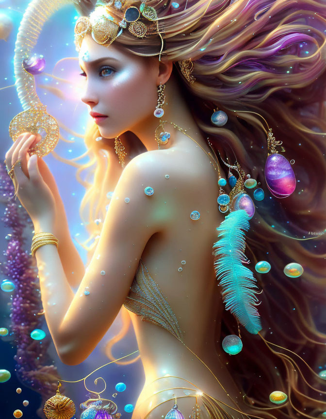 Ethereal underwater-themed woman with flowing hair and golden jewelry