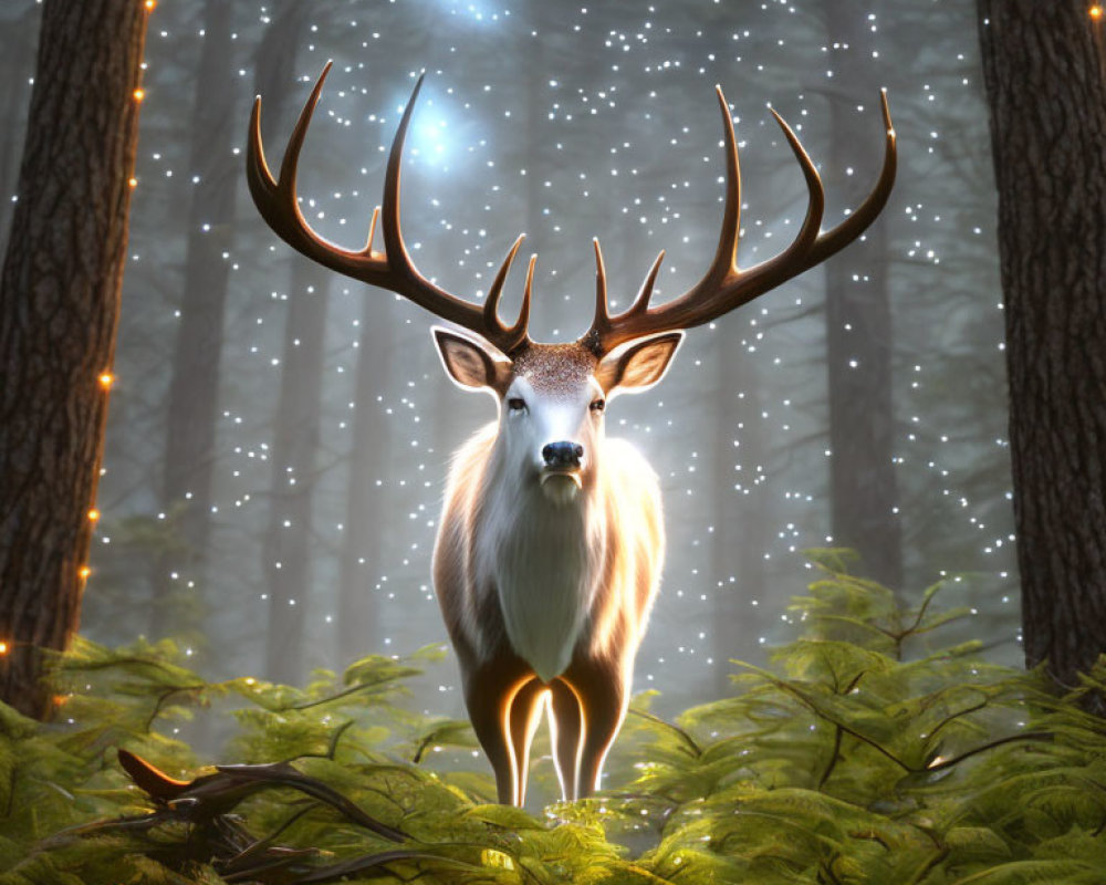 Majestic deer with large antler rack in luminous forest landscape