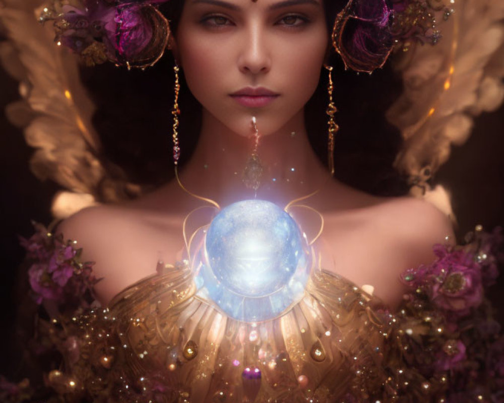 Mystical woman with floral crown and glowing orb in golden attire