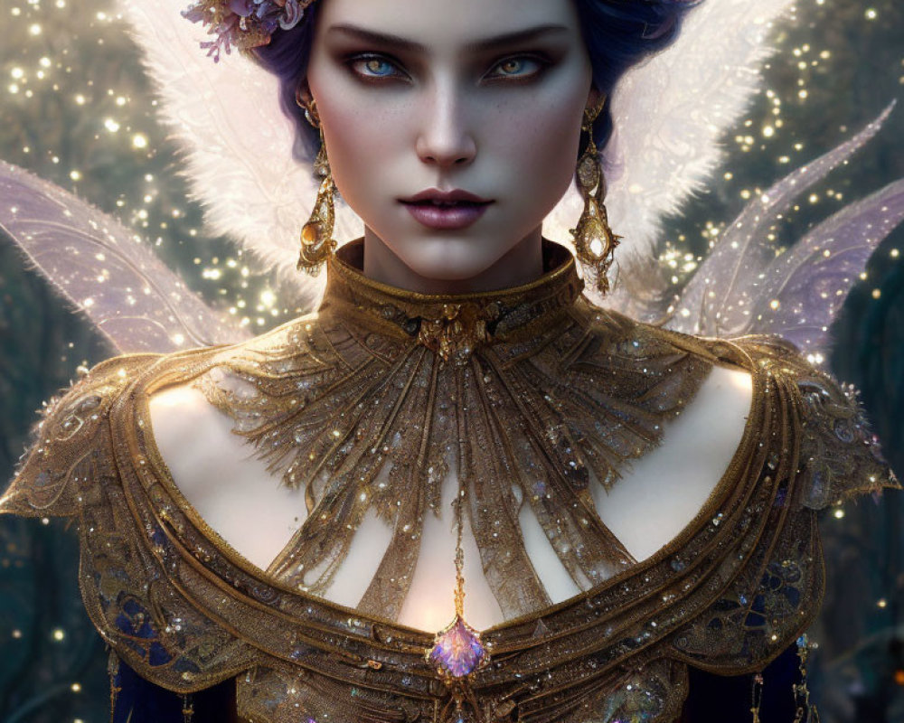 Fantastical female portrait with blue eyes, gold jewelry, gemstone tiara, and translucent wings