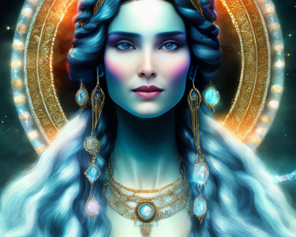 Fantasy female figure with blue wavy hair and golden halo headpiece