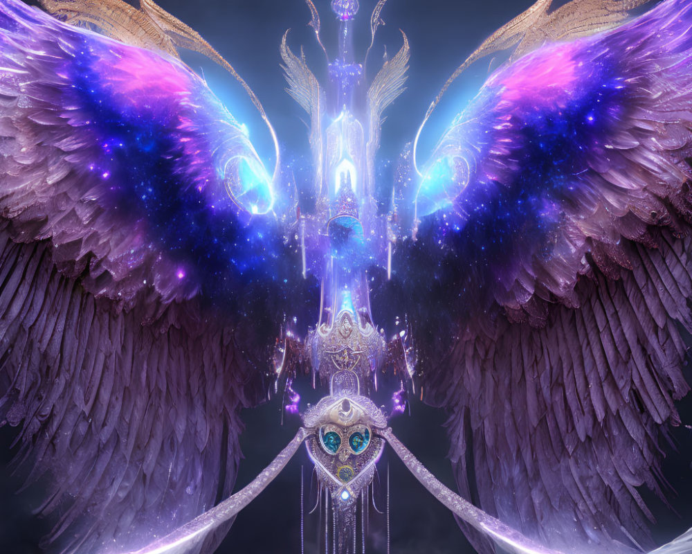 Digital Artwork: Ornate Celestial Structure with Cosmic Wings and Glowing Elements