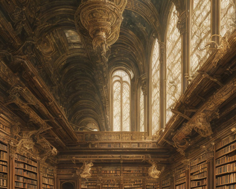 Luxurious Baroque Library with Wood Paneling, Books, Arched Windows