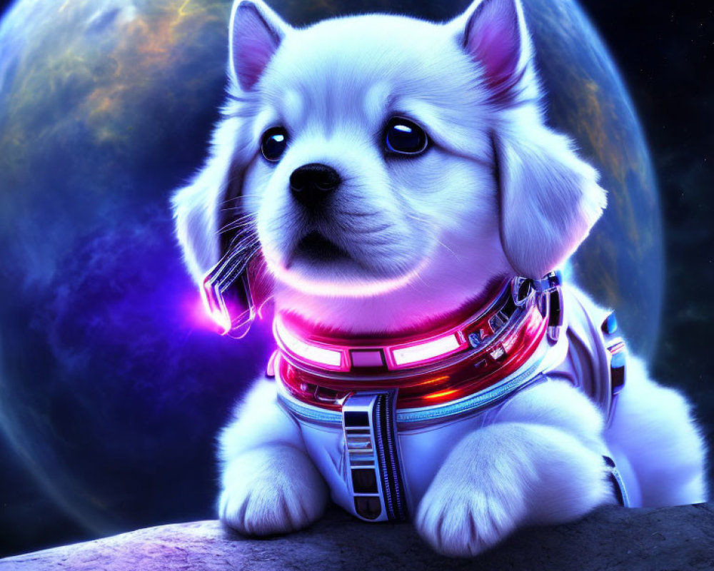 White Space-Dog with Futuristic Collar on Rock with Radiant Planet