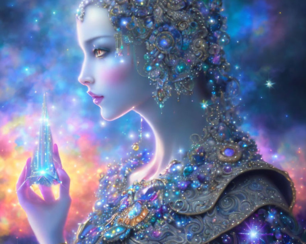 Digital artwork: Woman with jeweled headwear and glowing crystal on cosmic background