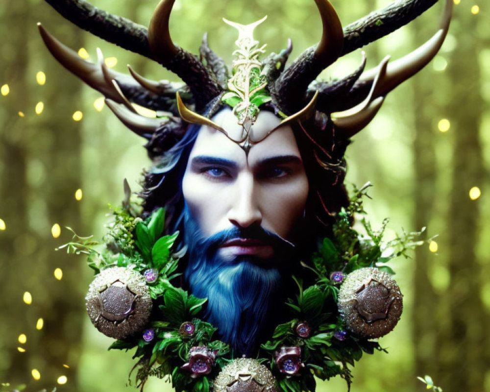 Fantastical male figure with antlers, leafy crown, and blue beard in sparkly green