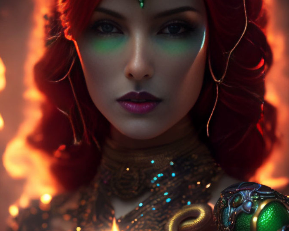 Fiery red-haired woman with green jeweled headpiece and intense gaze surrounded by flames and serp