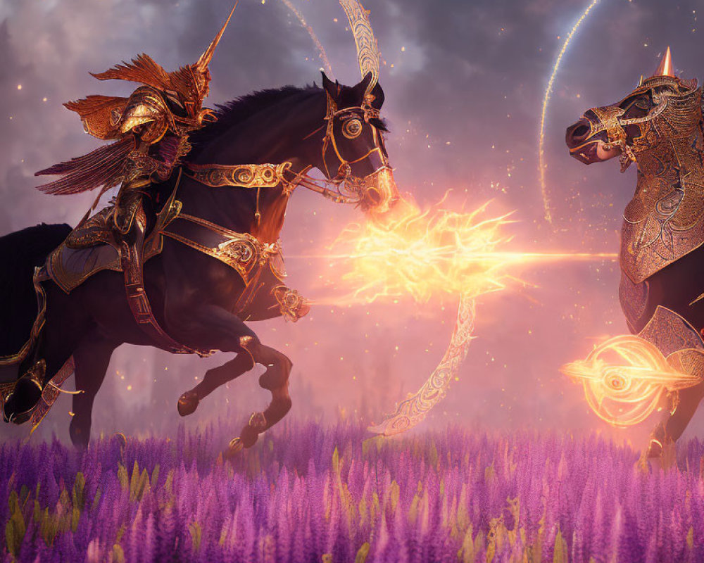 Armored knight on horseback clashes with spectral horse in lavender field