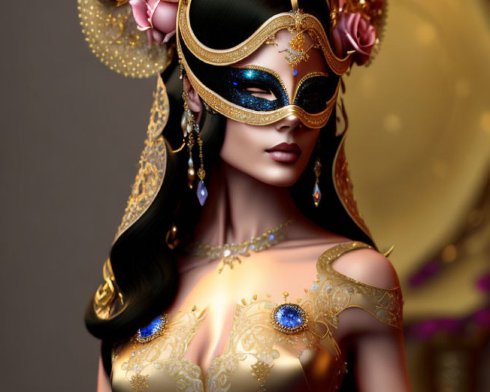 Elaborate golden masquerade outfit with roses and jewelry