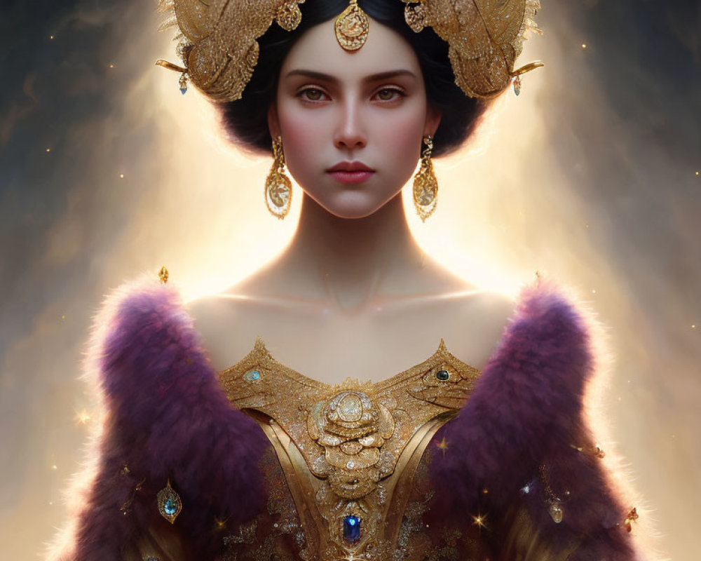 Regal woman in golden headdress and ornate jewelry against glowing backdrop