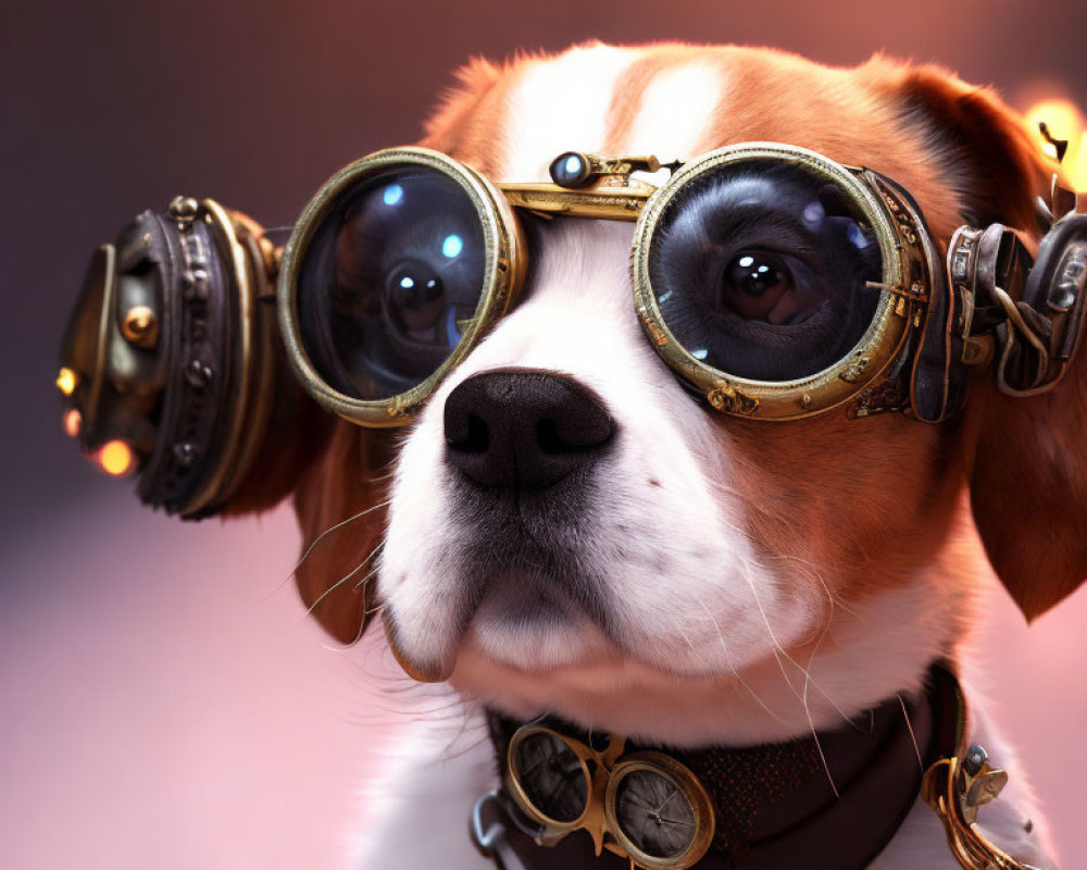 Beagle in Steampunk Goggles with Gear Collar on Bokeh Background