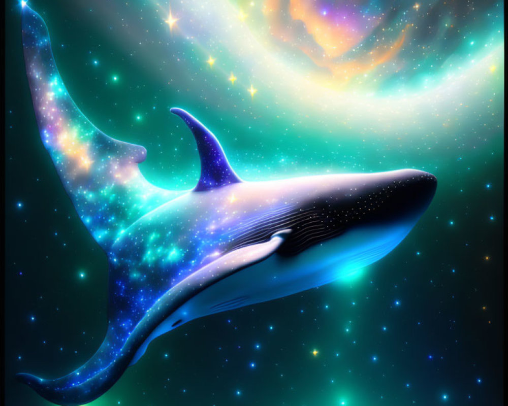 Cosmic patterned whale in vibrant starry space