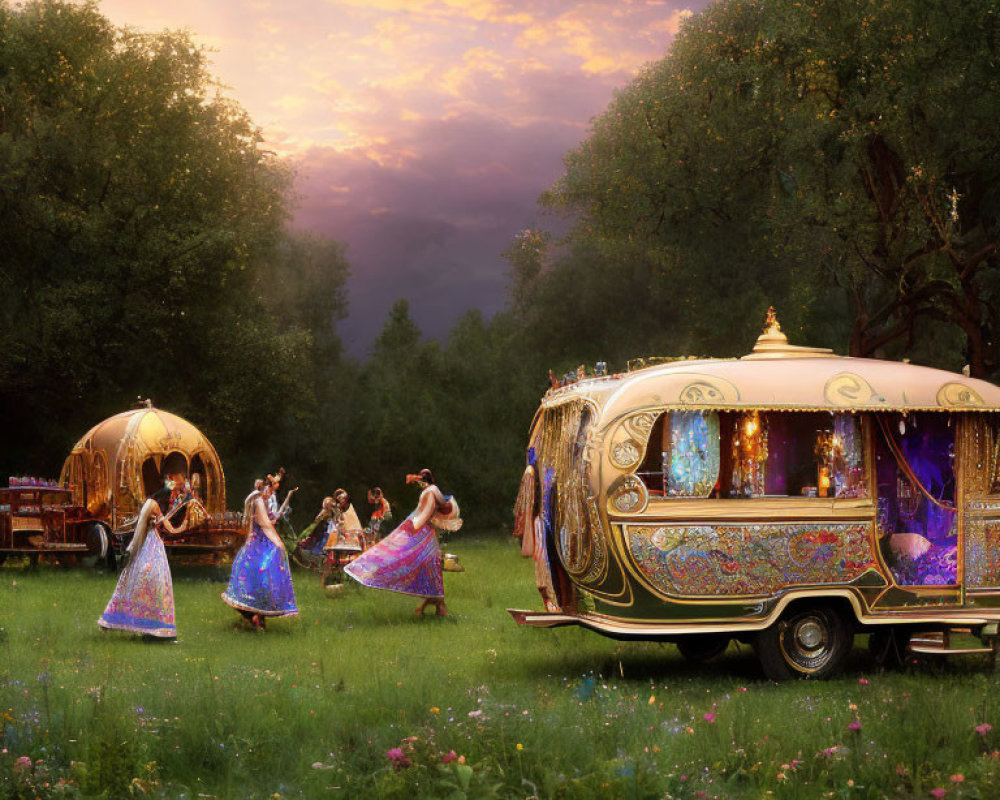 Colorfully dressed women dancing near caravans at sunset in nature