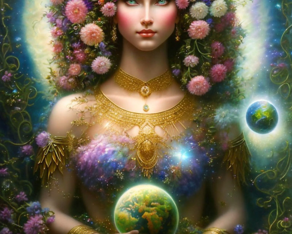 Celestial female figure with flower crown and glowing globe on cosmic backdrop