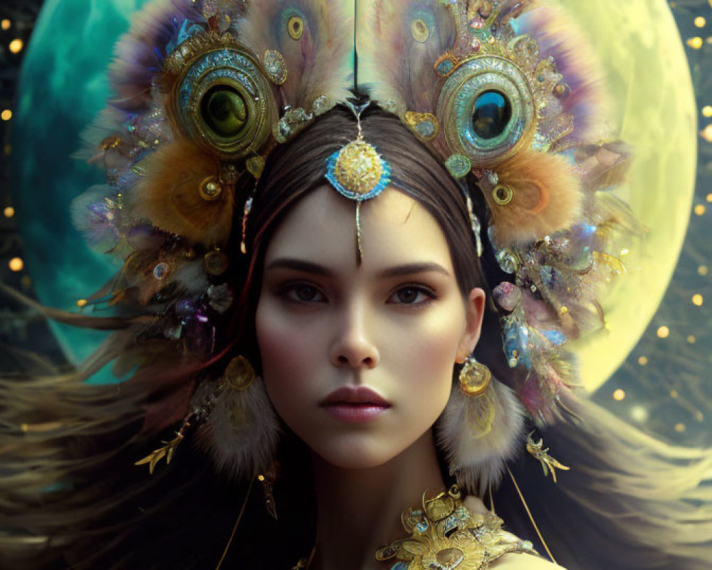 Woman in ornate peacock feather headdress with jewels against cosmic moon backdrop