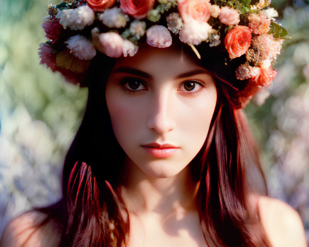 Portrait of Woman with Rose Floral Wreath and Soft Background