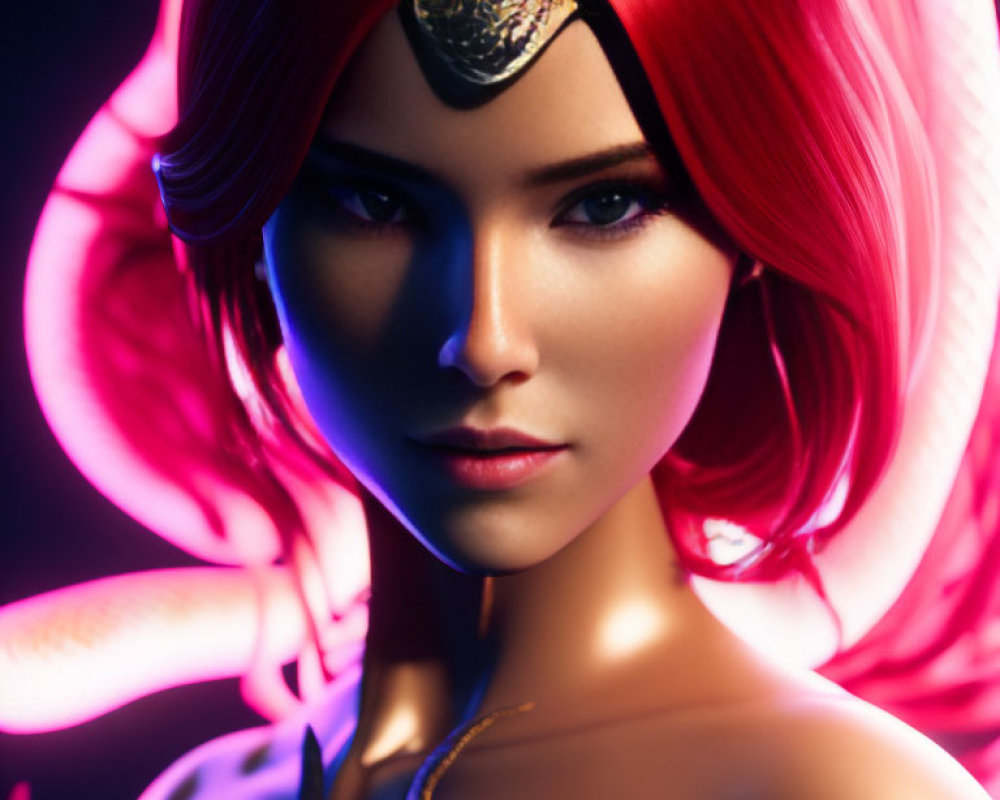 Digital Artwork: Woman with Glowing Red Hair & Golden Tiara on Neon Background