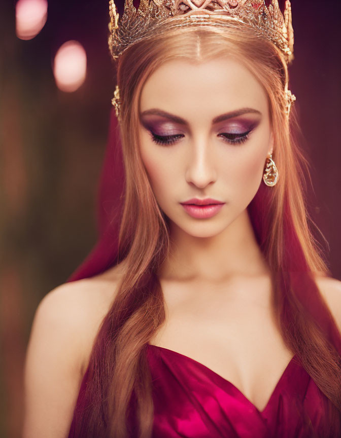 Regal woman in crown and burgundy gown with striking makeup